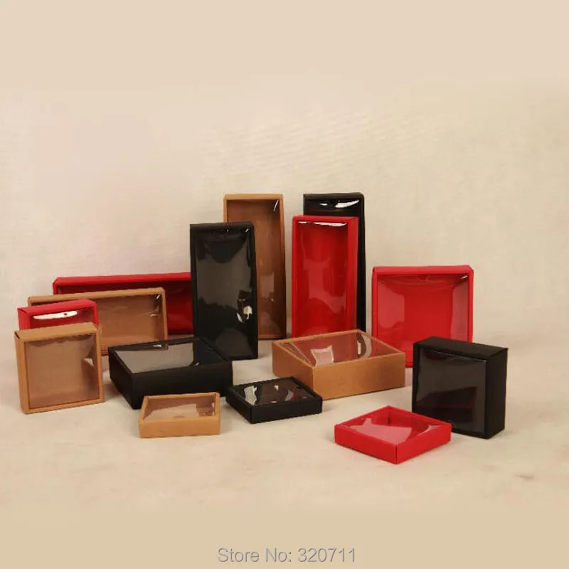 

150pcs Kraft Cardboard Box Gift Packaging Box With Lid Paper Box Jewelry Gift Packing Case With Clear PVC Window Free DHL