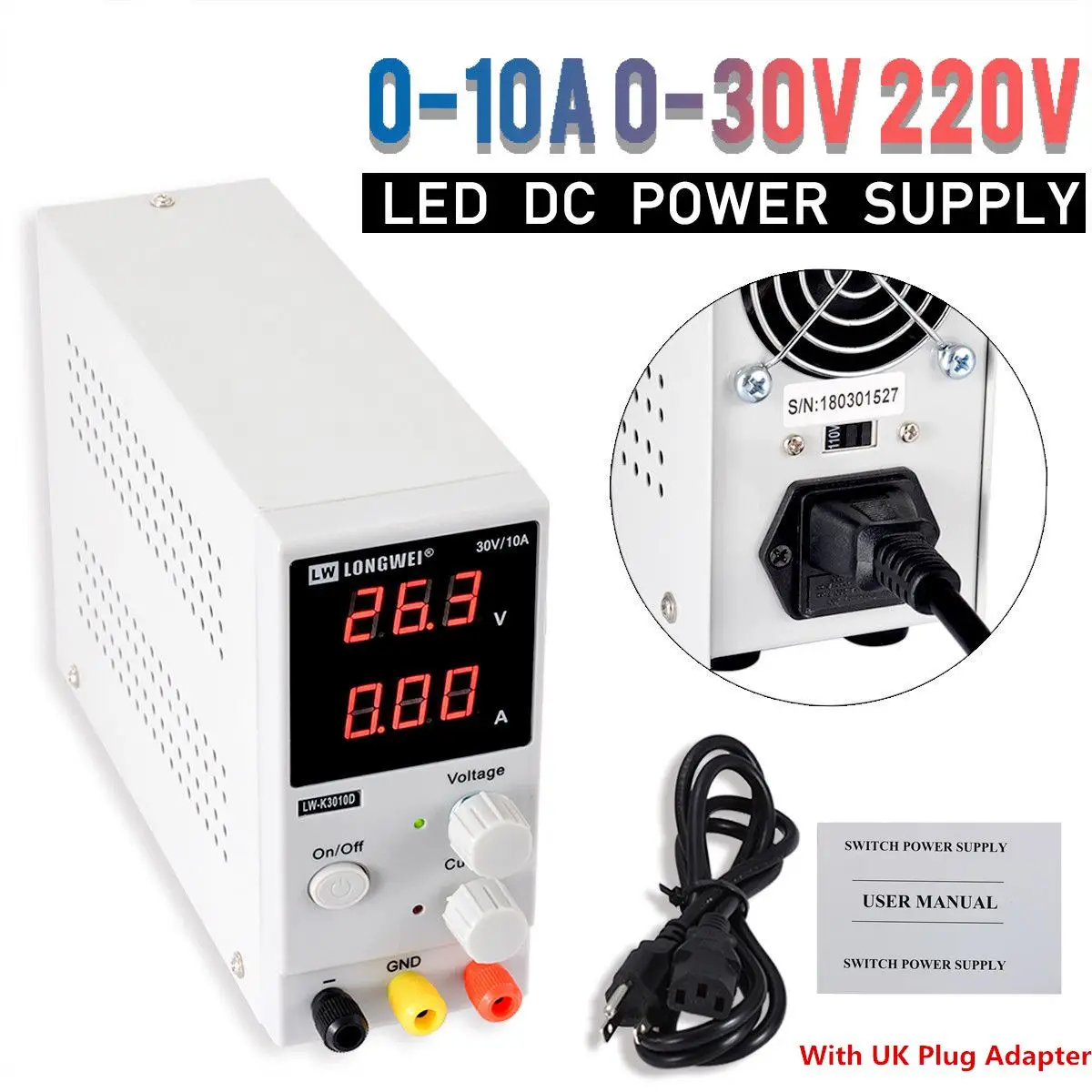 

30V 10A LED Display Adjustable Switching Regulator DC Power Supply 110V/220V Change Laptop Repair Rework