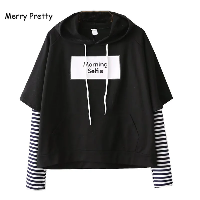

MERRY PRETTY Fake two Pieces Striped Patchwork Hoodies Sweatshirts Autumn Winter Women Letter Print Drawstring Hooded Pullovers