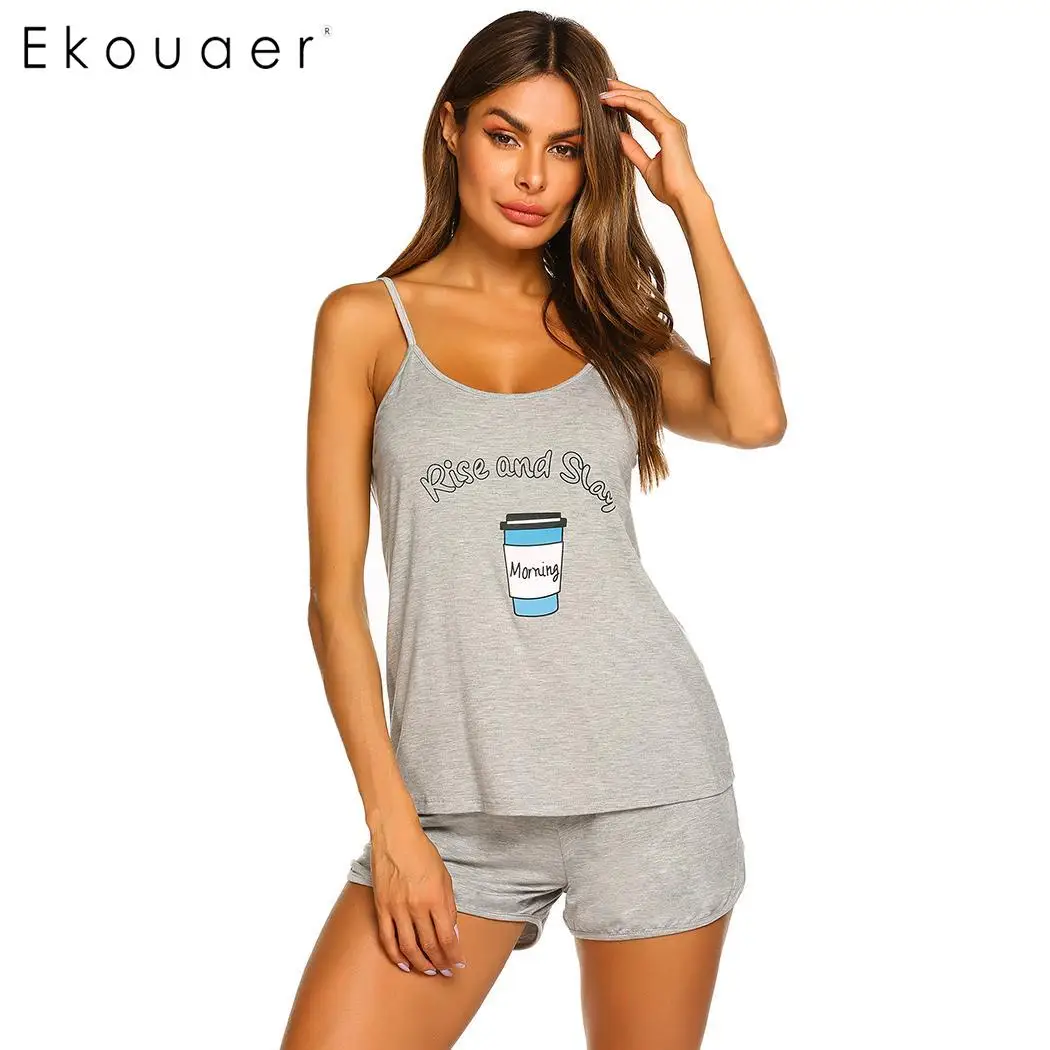 

Ekouaer Women Summer Lingerie Sleepwear Shorts Pajamas Round Neck Adjustable Spaghetti Strap Printed Pajama Set