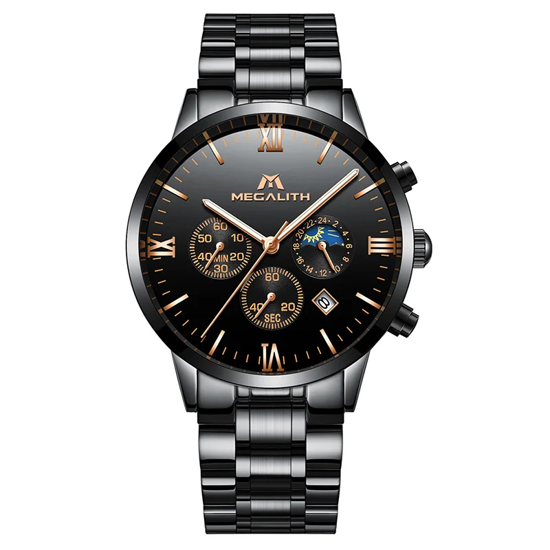 

MEGALITH Fashion Casual Watches Waterproof Black Stainless Steel Sport Military Chronograph Date Calendar Wristwatch Mens