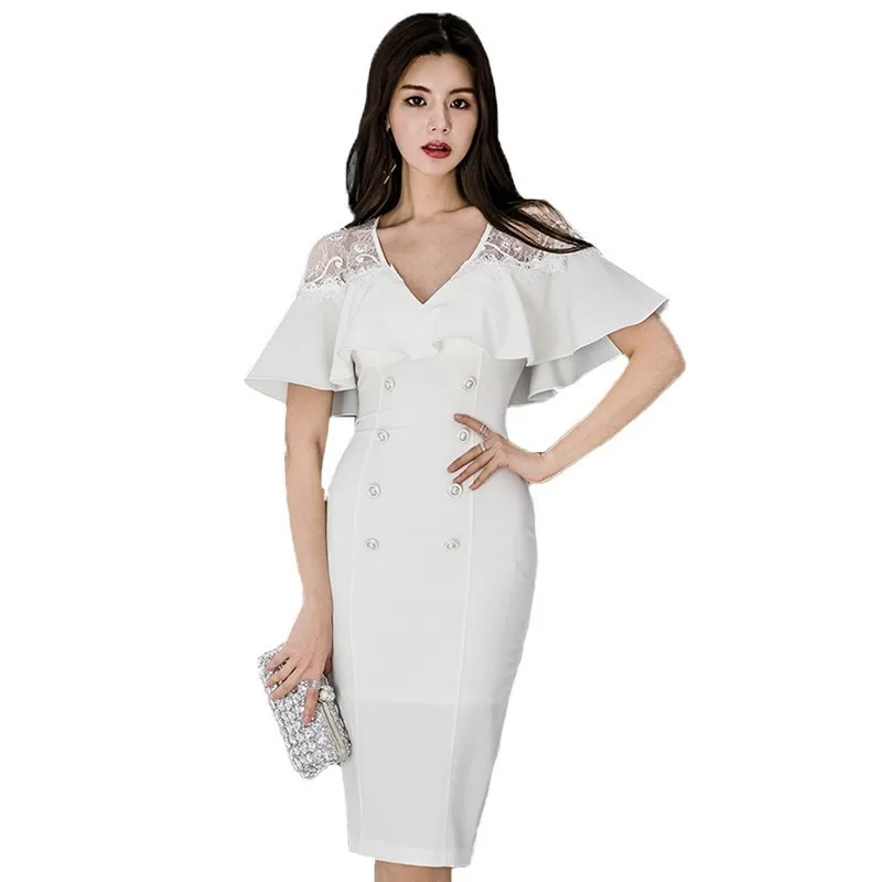 

Sexy Hollow Out Floral Lace Dress Women Elegant White Short Butterfly Sleeve Slim Fit Buttons Back Split Evening Party Dresses