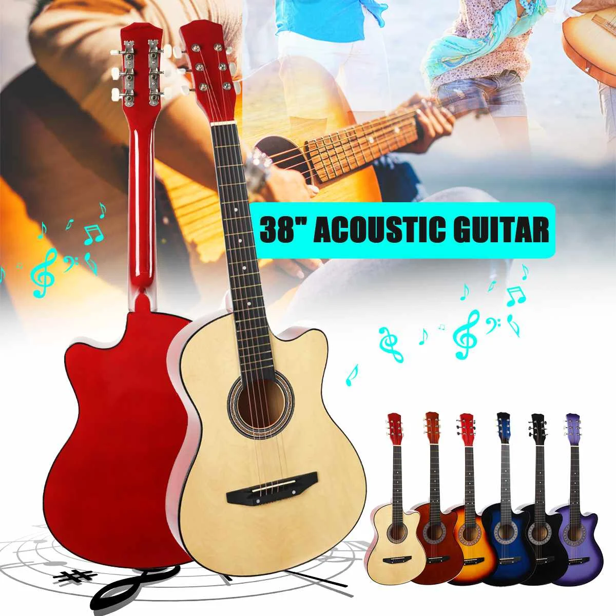 

38 Inch Modern Wood Beginners Acoustic Guitar With Guitar Strap Pick Steel Strings Guitar Musical Instruments 6 colors