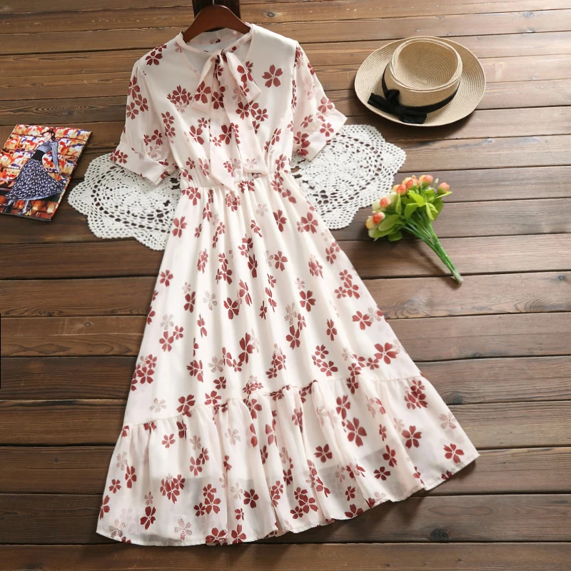 

Banulin Mori Girl Floral Print Pleated Dress New Summer Flower Vintage Vestidos Women's V-Neck Bow Tie Long Chiffon Dresses