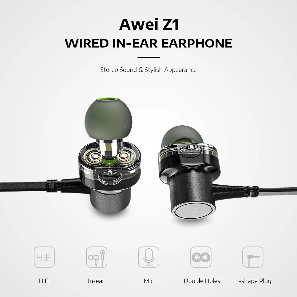 Awei Z1 Dual Drivers Wired In Ear Earphone Deep Bass Stereo Hybrid HiFi