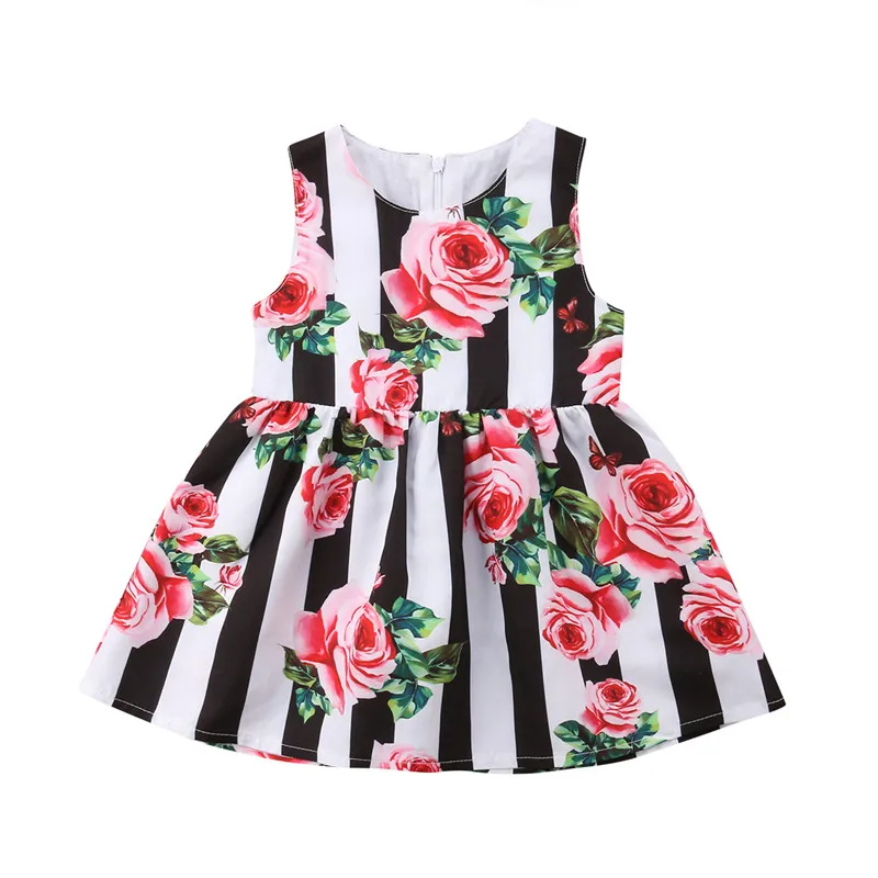 

Emmababy Toddler Kids Baby Girl Sleeveless dresses Floral Striped Party Casual Dress Sundress