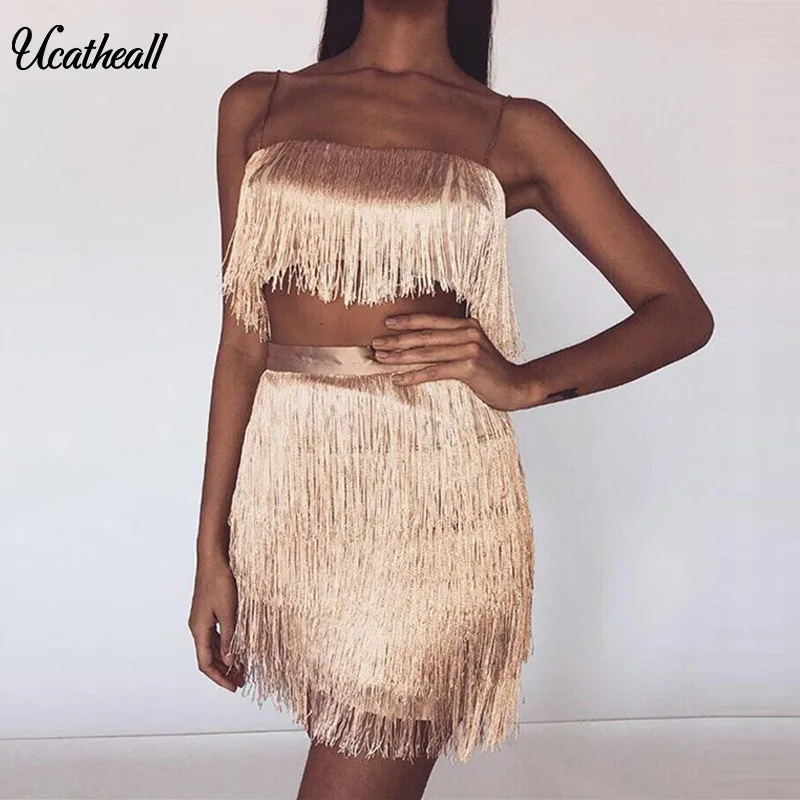 

New Evening Party Dress Women Sexy Spaghetti Strap Tassel Clubwear Bodycon Dresses Vetidos Fringe 2 Piece Dress