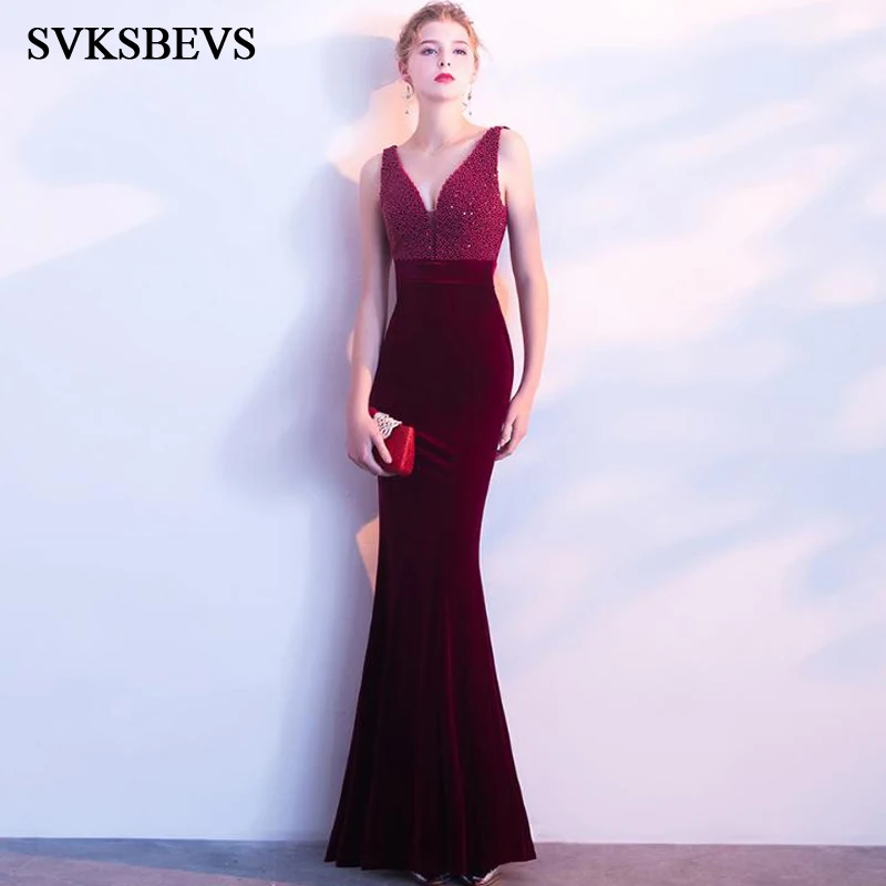 

SVKSBEVS 2019 Elegant Beading Deep V Neck Velvet Mermaid Long Dresses Party Bodycon Crystal Tank Backless Maxi Dress