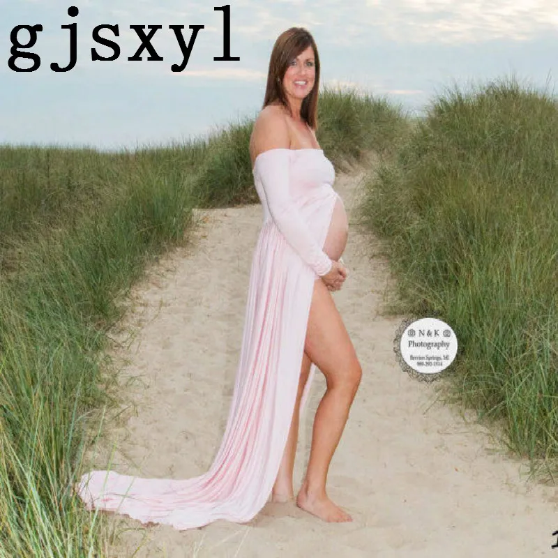 

Sexy Deep One Word Lead Long Sleeve Mercerizing Cotton Split Joint Chiffon Close Tailing Clothes maternity dresses women dress