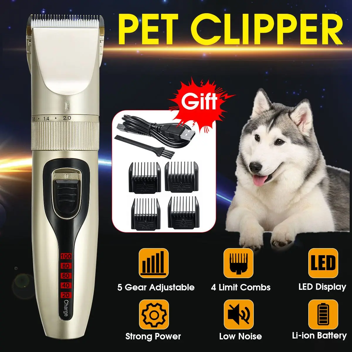 

110V-240V Pet Hair Trimmer Cat Dog Hair Clipper Grooming LED Rechargeable Low-noise Electric Hair Cut Machine Shaver Remover