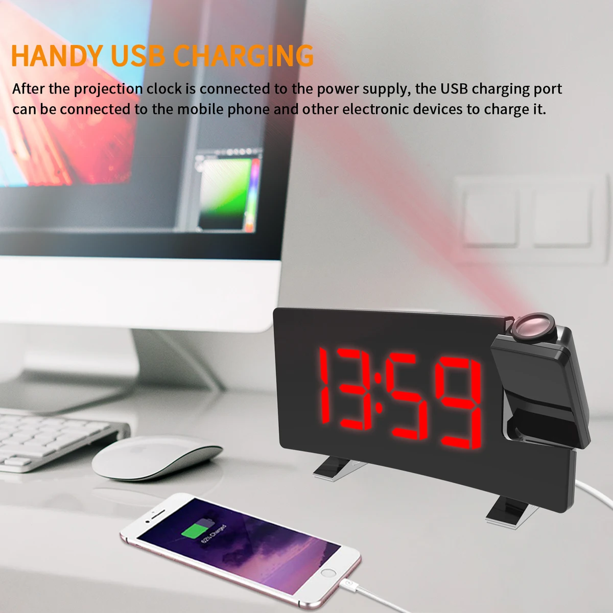 

HM353 FM Radio Projection Alarm Clock With Dual Alarms Snooze Function With USB Charging Port 5'' Large Display Sleep Timer