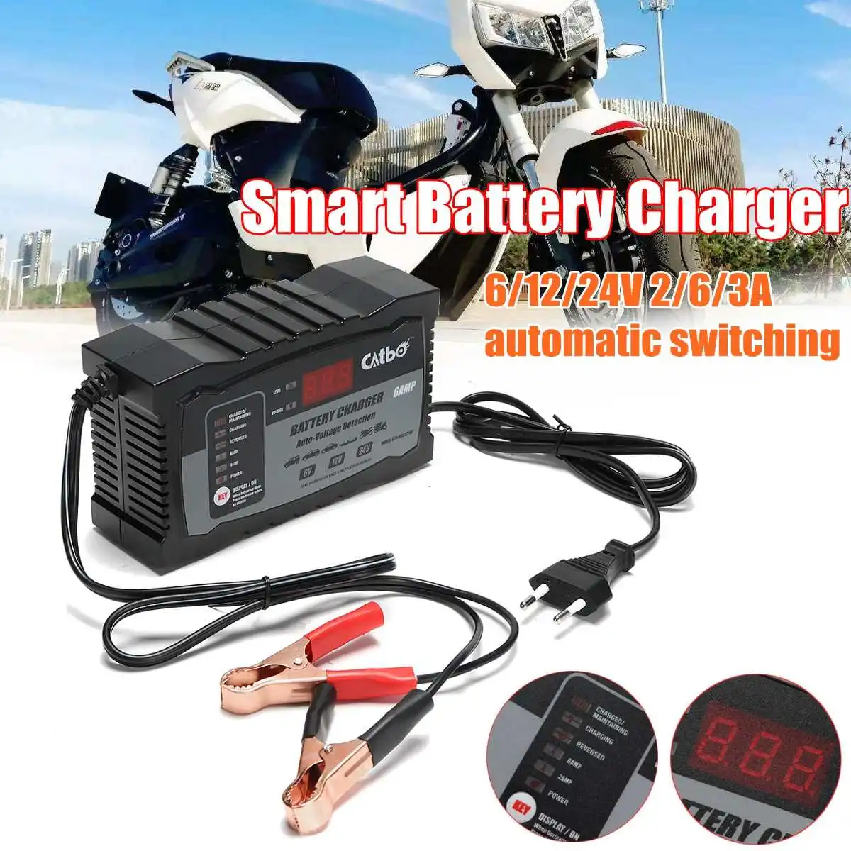 

6/12/24V 2/6/3A Automatic Smart Lead Acid Battery Charger For Car Motorcycle EU Plug