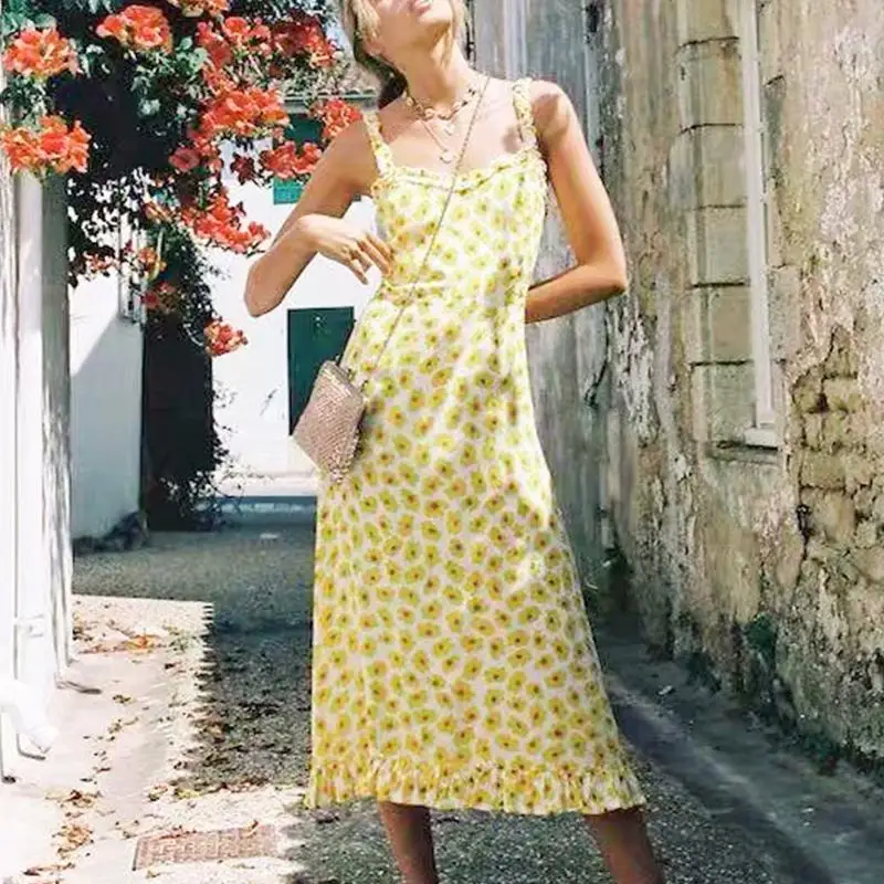 

Melegant Yellow Casual Dress Summer 2019 Women Floral Mid Ruffle Feminine Party Dresses Elegant Beach Straight Dresses Vestidos