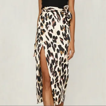 

Jocoo Jolee Women Bodycon Skirts Summer Leopard Print Slim Chiffon Skirt Asymmetric Bandage Lace Up Side Split Drape Midi Skirts