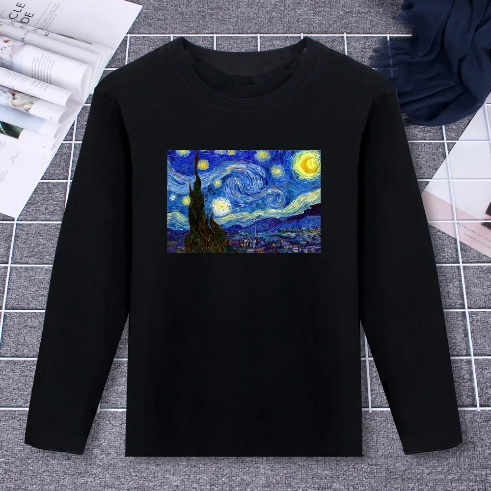 

2019 Pure Cotton T-Shirt Van Gogh Starry Night Classic Design Printed Long Sleeve Fashion Casual Tops Tees Brand Unisex Clothing