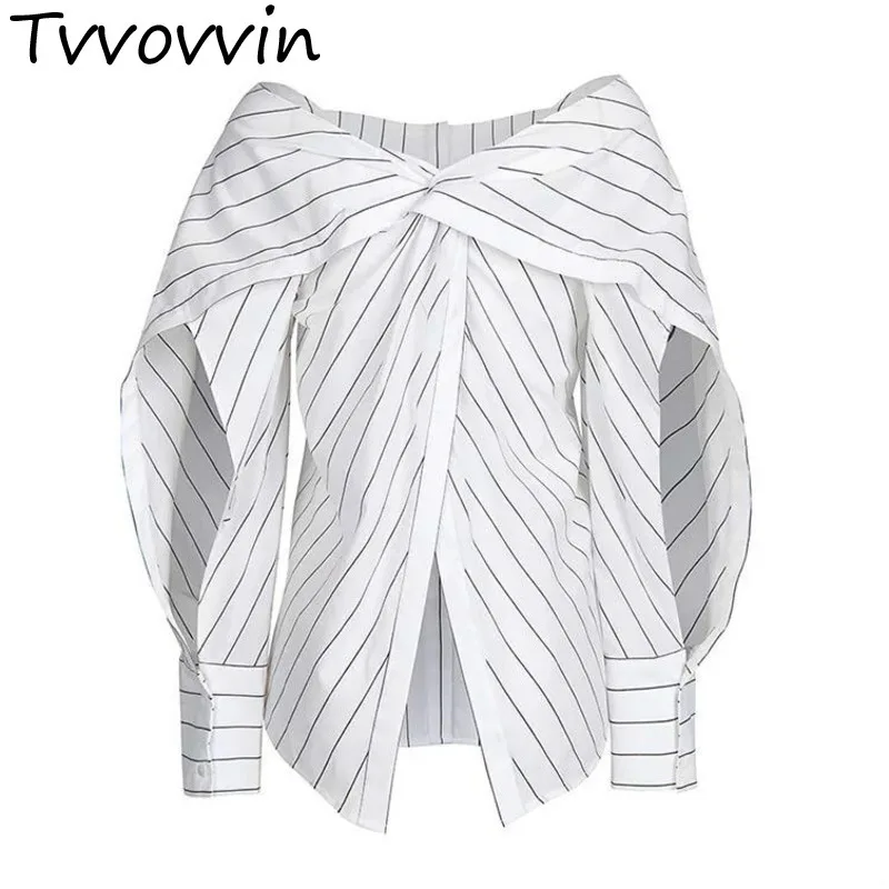 

TVVOVVIN Shirts Summer 2019 V Neck Two Wearing Striped Long Sleeved Loose Top White Women Asymmetrical Tops Q559