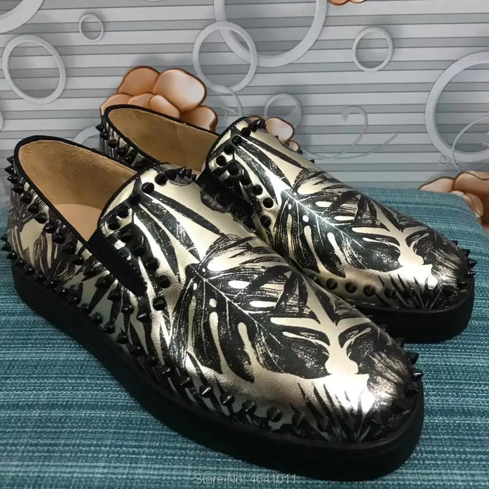 

Low Cut Leisure cl andgz Slip On Gold Leaf pattern circle Rivets Red bottom for men shoes Sneakers Cow Leather Loafers Flat