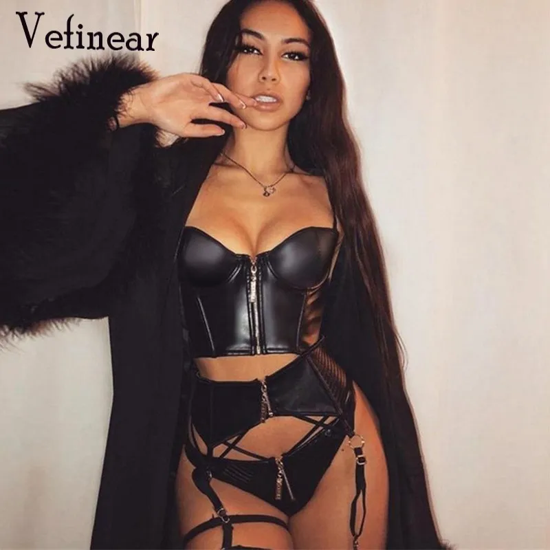 

Sexy Leather Bralette Crop Top Women Sexy Black Zipper Front Tank Top Clubwear Streetwear Cropped Feminino Korean Tops Shirt