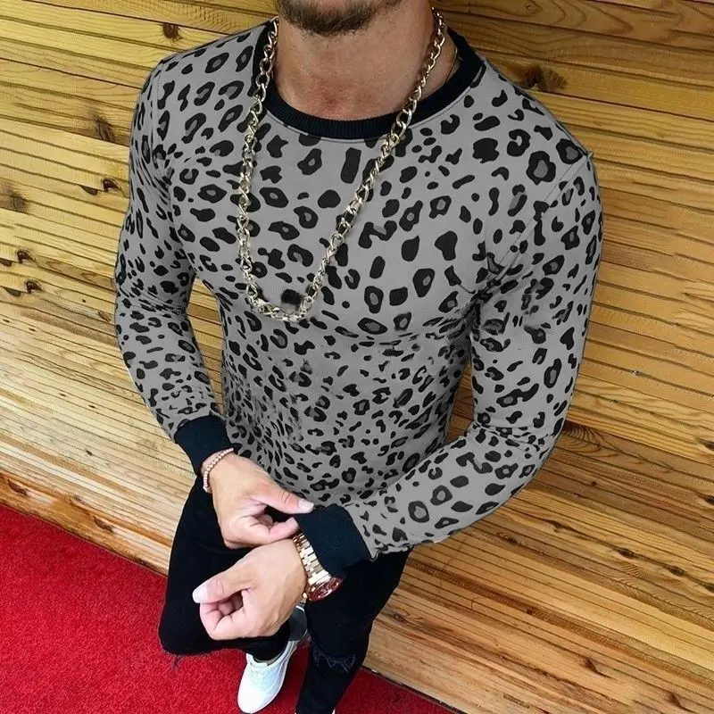 

Top Quality Men Long Sleeve High Collar Leopard Print T Shirt Fashion 2019 Early Spring Slim Fit Casual T-Shirts Mens Tops&Tees