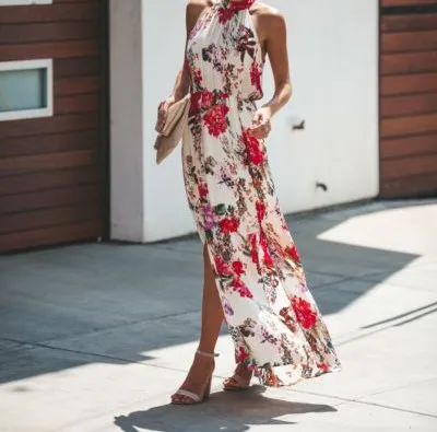 2019 Newest Spring Women Printed Floral Embroidery Long  Dress Cocktail Party  Dress Split Sundress