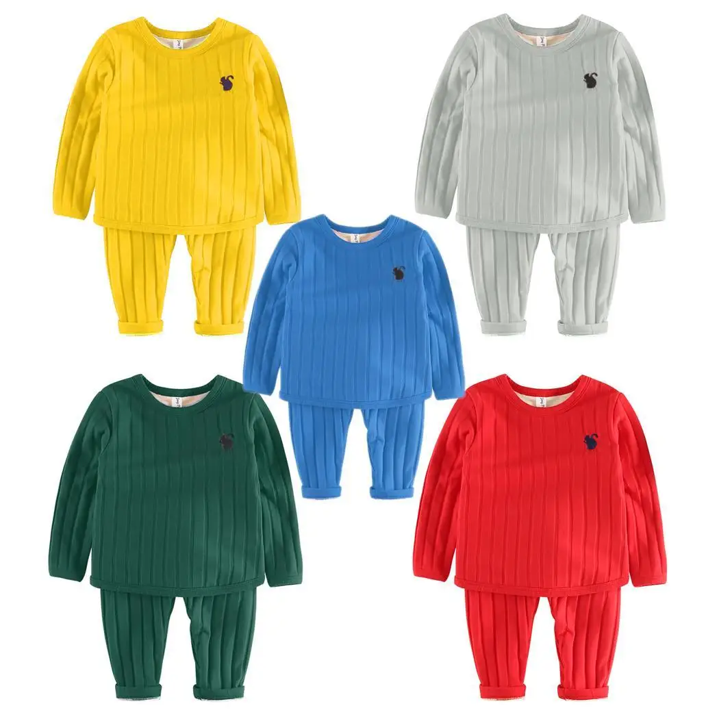 Повседневная однотонная одежда с длинными рукавами для малышей; уличная хлопковая одежда для сна с круглым вырезом; пижамный комплект в рубчик