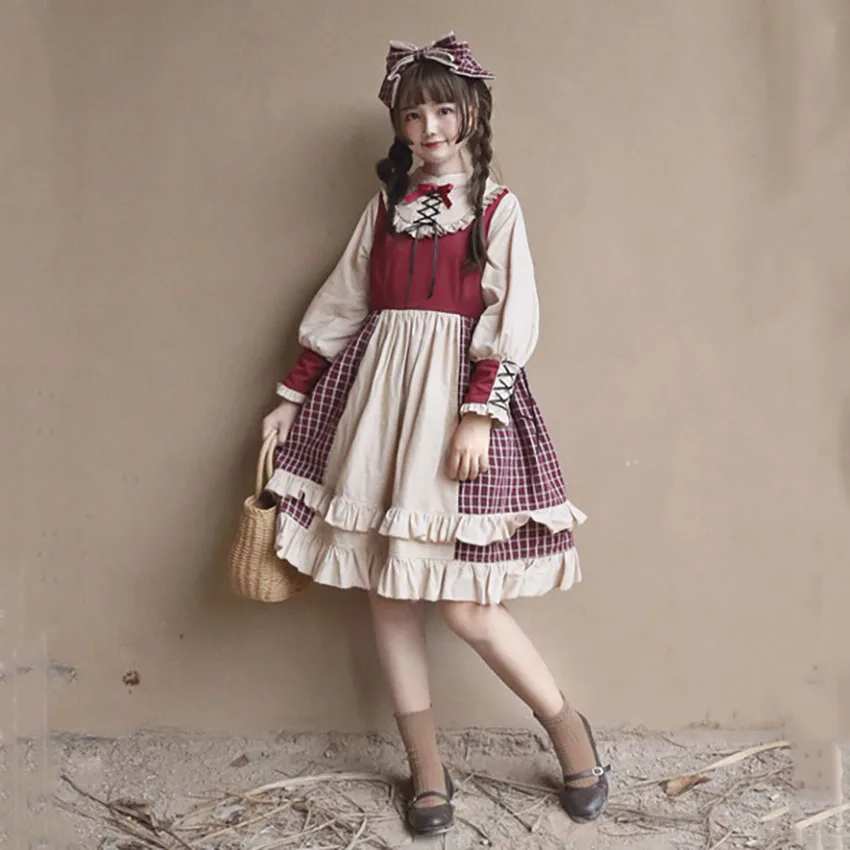 

Plaid Lolita Dress for Women Sweet Vintage Dress with Ruffles Retro Tea Party High Quality Bow-knot Japanese Kawaii Girls Gothic