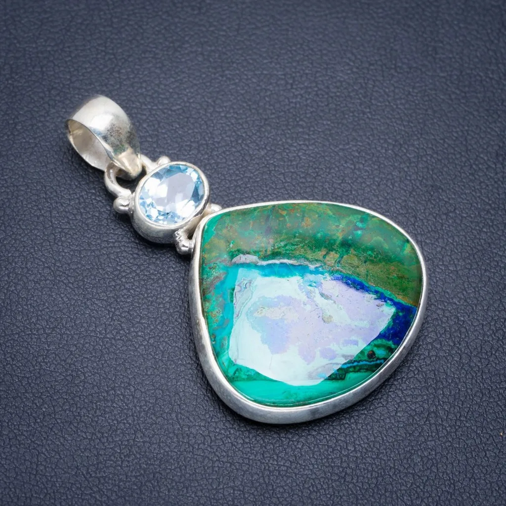 

Natural Chrysocolla and Blue Topaz Handmade Unique 925 Sterling Silver Pendant 1.75" A1788