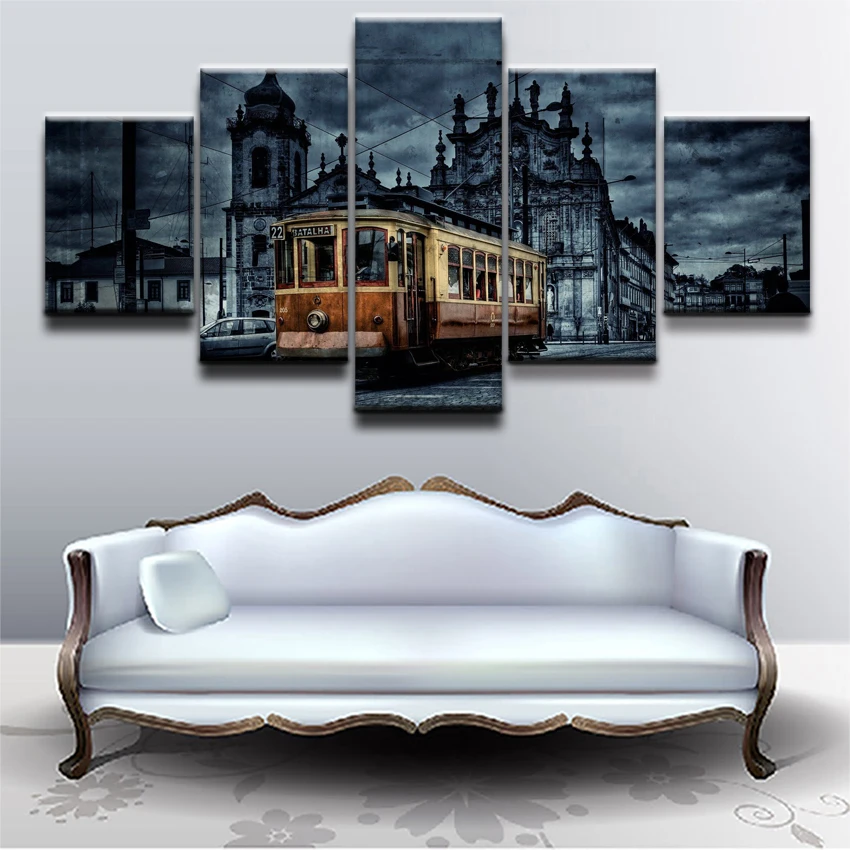 

Modular Canvas Prints Home Wall Art Posters 5 Pieces Retro European City Building Tram Paintings Living Room Decor Pictures