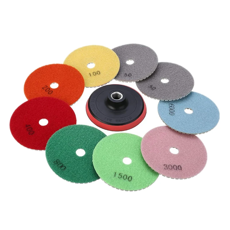 

NEW - 10Pcs 4 Inch Diamond Polishing Pads Set, M14 Self-Adhesive Holder + 9 Pieces Dry Polishing Pads Kit For Car Auto Granite
