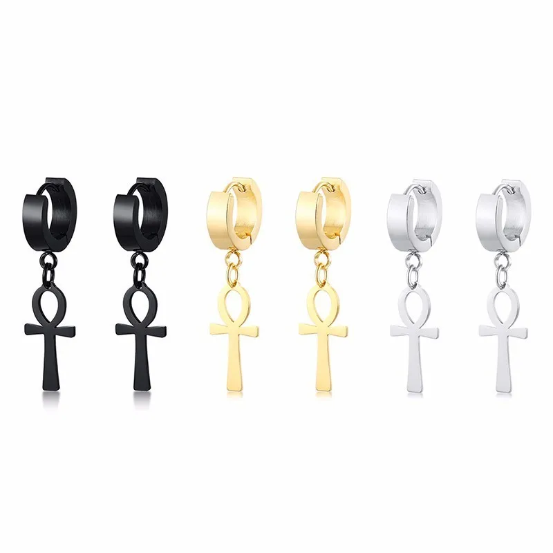 ANKH HUGGIE ORECCHINI IN ACCIAIO INOX EGIZIANO CROCE di GOCCIA EARING PER LE DONNE DEGLI UOMINI EGITTO GIOIELLI