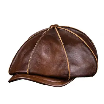 

Men's Genuine Leather Warm Octagonal Cap, Casual Vintage Newsboy Cap Golf Driving Flat Cabbie Hat, Winter Male Artist Gatsby Cap