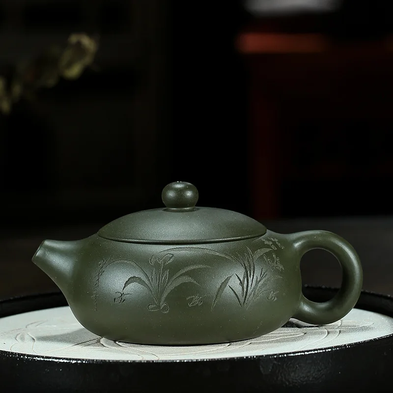 Чайный чайник 200cc Исин керамика руды зеленая грязь плоская Xi Shi чайник знаменитостей ручной работы резьба Орхидея чайник