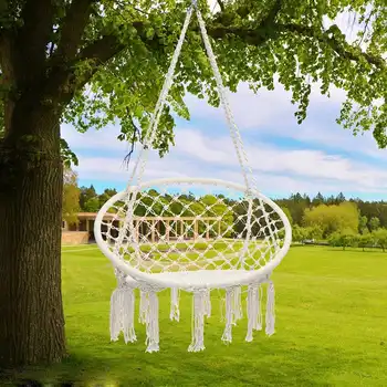 

Nordic Style Round Hammock Outdoor Indoor Dormitory Bedroom Hanging Chair For Child Adult Swinging Single Safety Hammock White