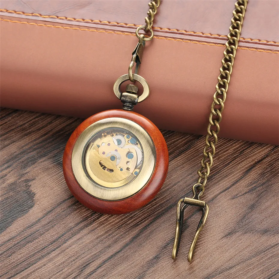 Красные деревянные механические карманные часы, автоматические карманные часы с подвеской, роскошные часы для мужчин и женщин с бронзовой цепочкой 30 см