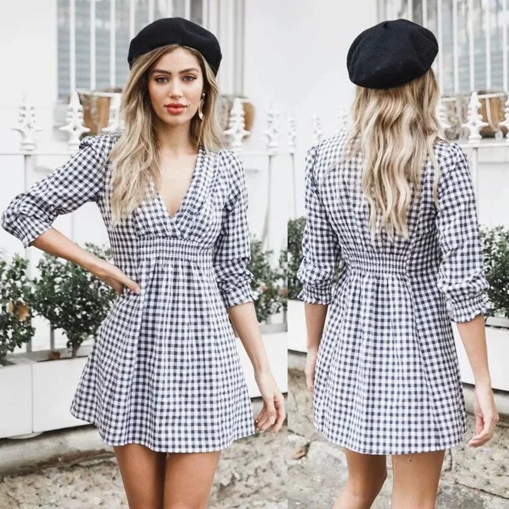 

Uguest Women Plaid A Line Short Dress V Neck Half Sleeve Waist Tightening Empire Summer Casual Dress Vintage