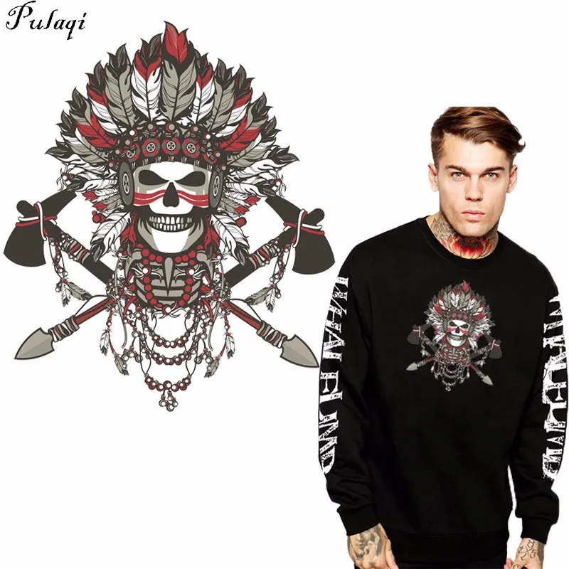 

Pulaqi Punk Skull Patches T-shirt Press Sticker Indian Style Clothes Decor Easy Print By Household Appliques Bikers Parches H