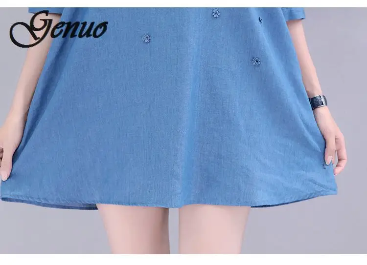 New Arrival Lace Bead Patchwork Summer Women Denim Dresses Half Sleeves Loose A Line Dresses Plus Sizes Jeans Dresses