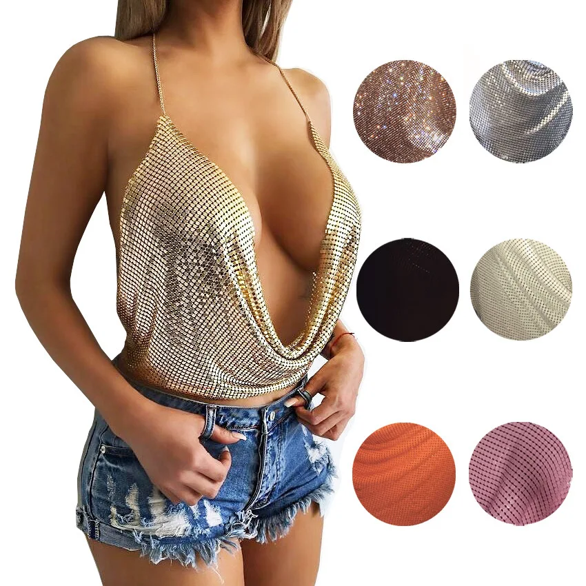 

2019 Sexy Lower Cut Out Deep V Neck Metal Chain Halter Summer Camis Backless Off Shoulder Tops Ajustable Straps Tank Tops