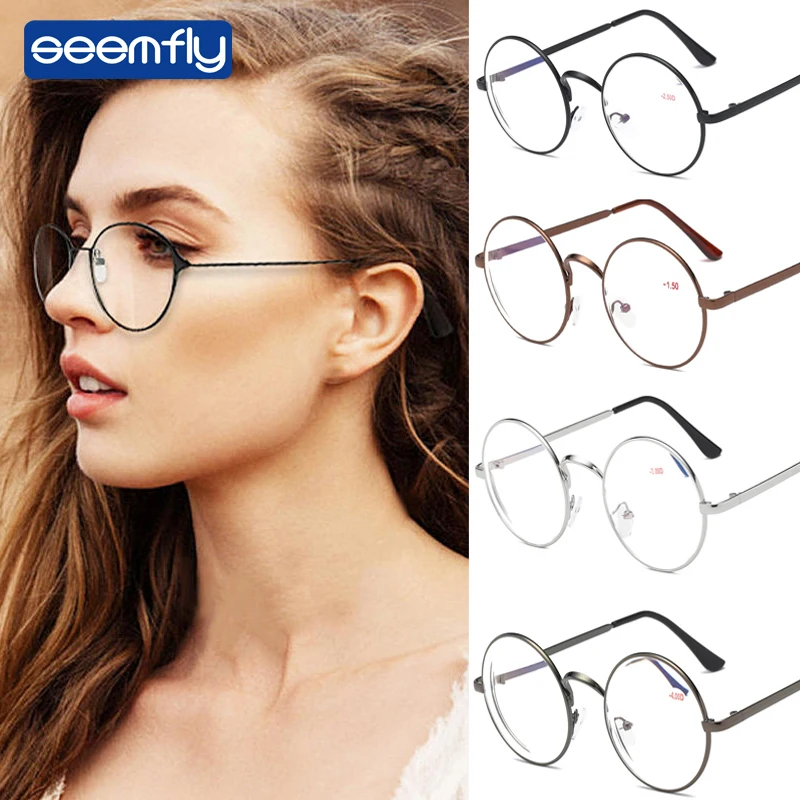 

Seemfly Retro Round Metal Finished Myopia Glasses Women&Men Short-sight Clear Eyeglasses With Degree -1.0-1.5-2.0-2.5-3.0-3.5