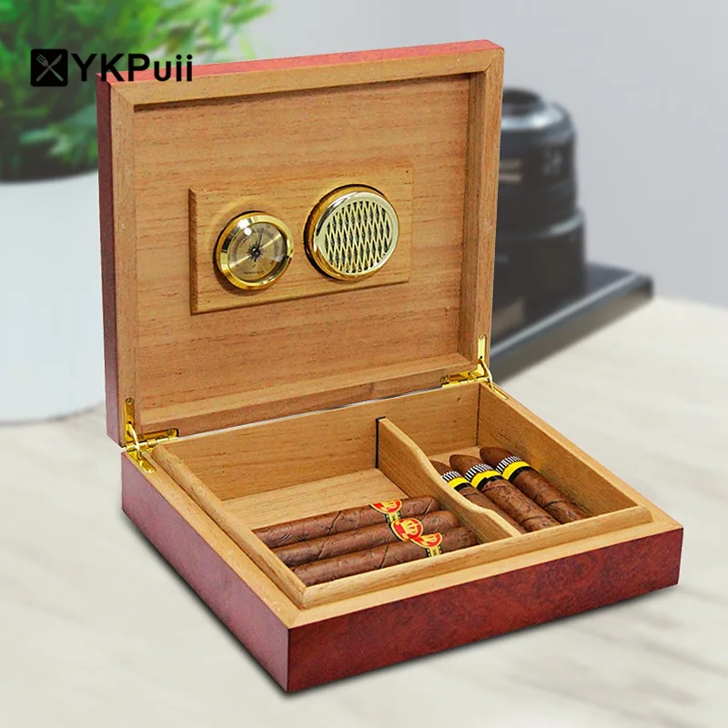 YKPuii 20 Count Brown Cedar Wood Lined Cigar Humidor Humidifier With Hygrometer Case Box with Moisture Meter Moisturizing Device