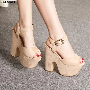 

KALMALL Black Beige Platform Sandals Women Buckle Strap Block High Heels Peep Toe Flock Shoes Nightclub Stage Sandals 15 cm Heel