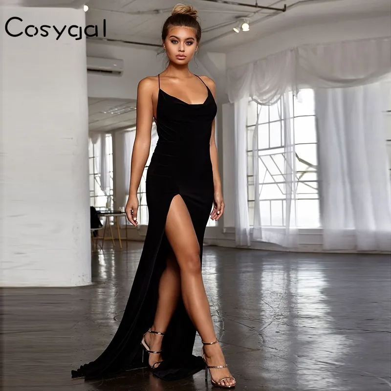

COSYGAL Spaghtti Strap Long Maxi Dress Women V Neck Summer Sexy Dress High Slit Backless Bodycon Dresses Elegant Vestidos