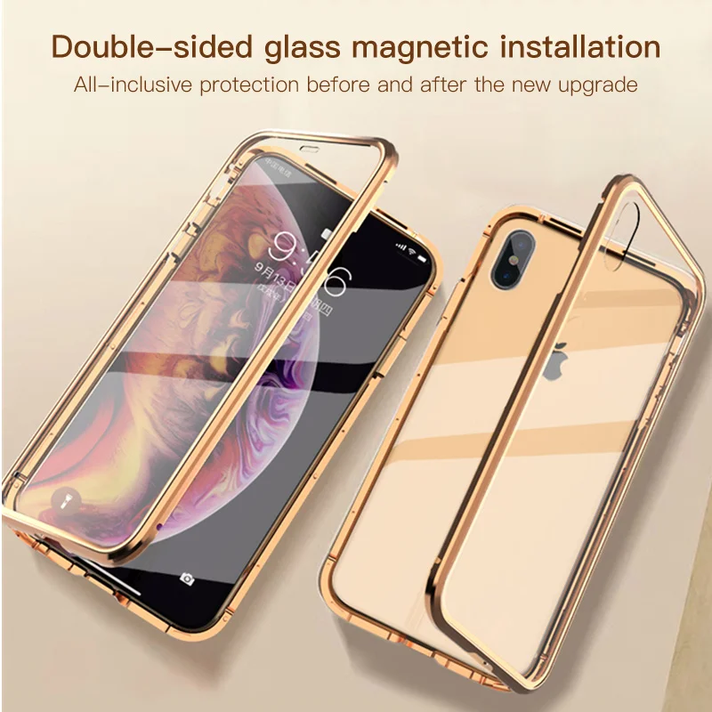 Magnetic Phone Case For iPhone X XS Max 360 Full Body Metal Flip Front &amp Back Tempered Glass Cover 8 Plus 7 |