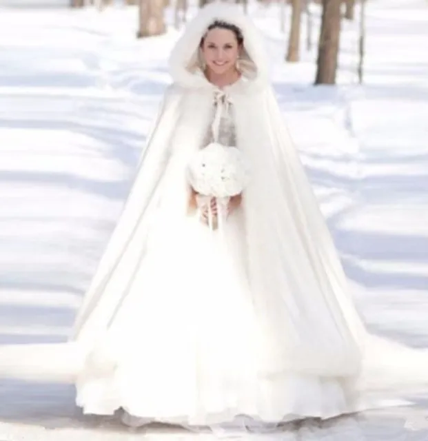 Disc Women Long Bridal Cloak Faux Fur Shawl White / Ivory Cape Winter Cloak Hooded Wedding Coat Bolero