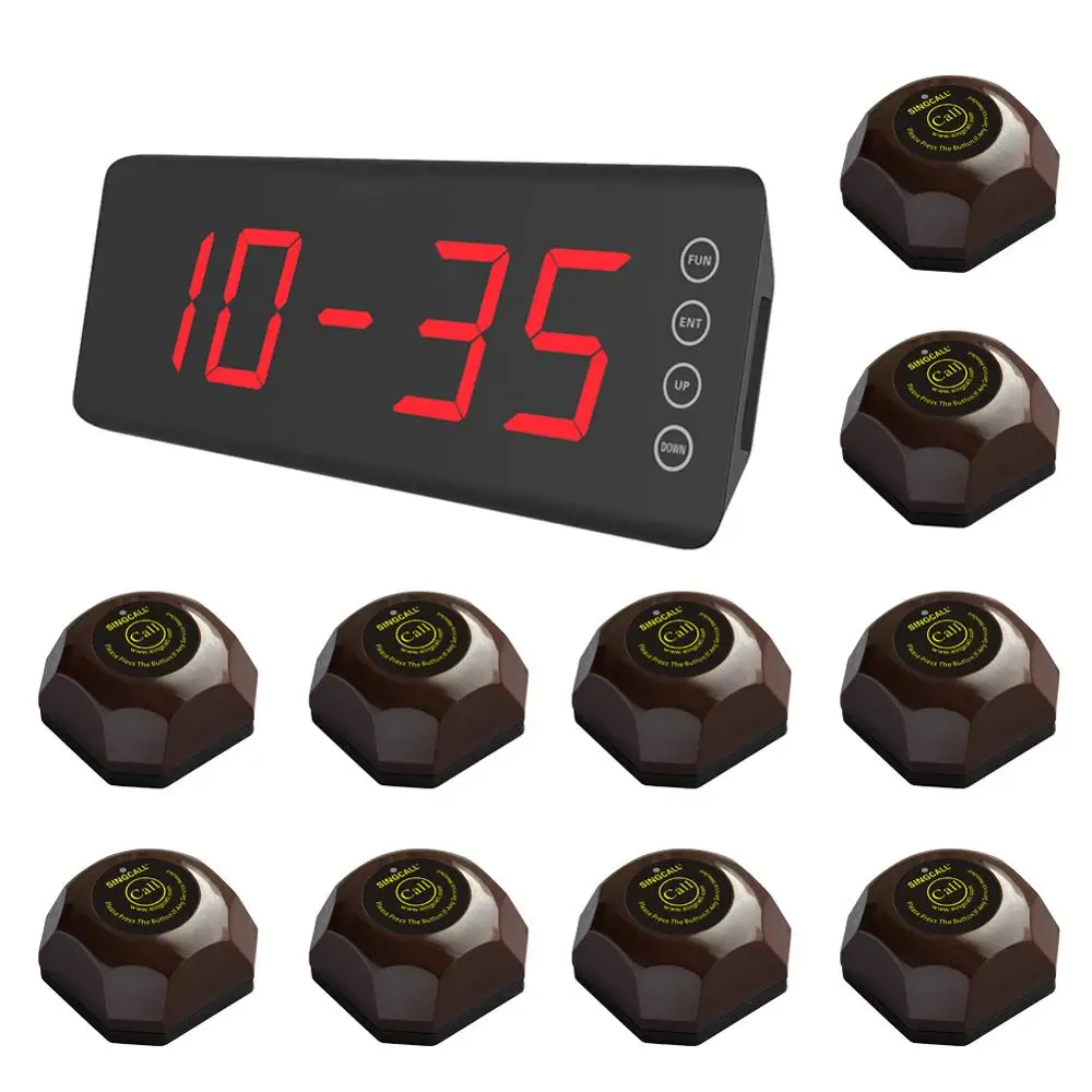

SINGCALL wireless waiter servicing system,servicing custom,10 pcs coffee color buttons and one fixed screen receiver
