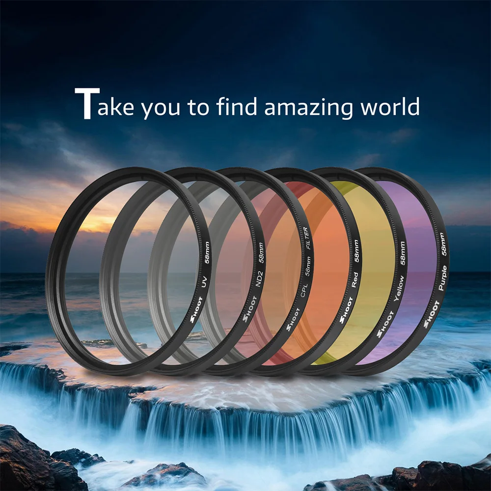 

SHOOT XTG422 6-in-1 58mm Action Camera Diving Filter Set Includes ND2/UV/CPL/Red/Purple/Yellow Filters for GoPro Hero 5/6/7 Case