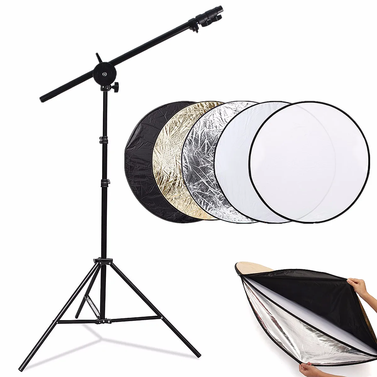 

5 in 1 108cm Reflector Disc + Bracket Arm + Light Stand +Clip Studio Photo Kit Adjustable Height Practical Aluminum Alloy Stable