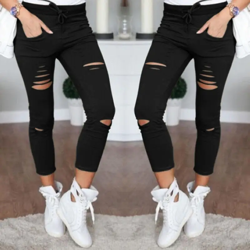 

5XL New Female Trousers Sexy Women Hole Leggings Pencil Pants Slim Stretch Drawstring Trousers Pants Plus Size Black Pants