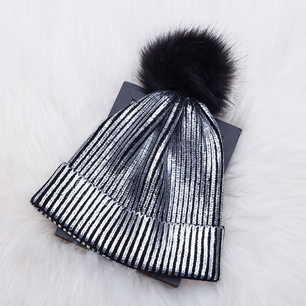 

Hair Ball Warm Knitted Metallic Shiny Girl Autumn Winter Soft Crochet Cute Pompom Cap Beanie Windproof Solid Women Hats