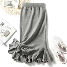 Сексуальные шикарные трикотажные юбки, эластичная миди-юбка с высокой талией, Женская вязанная длинная юбка с рыбьим хвостом и оборками, модная посылка, облегающая юбка